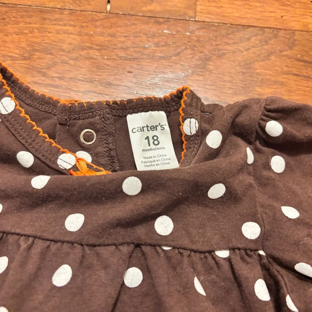 Carters Brown Polka Dot Turkey‎ Pocket Long Sleeve Baby Girl Dress 18 Months